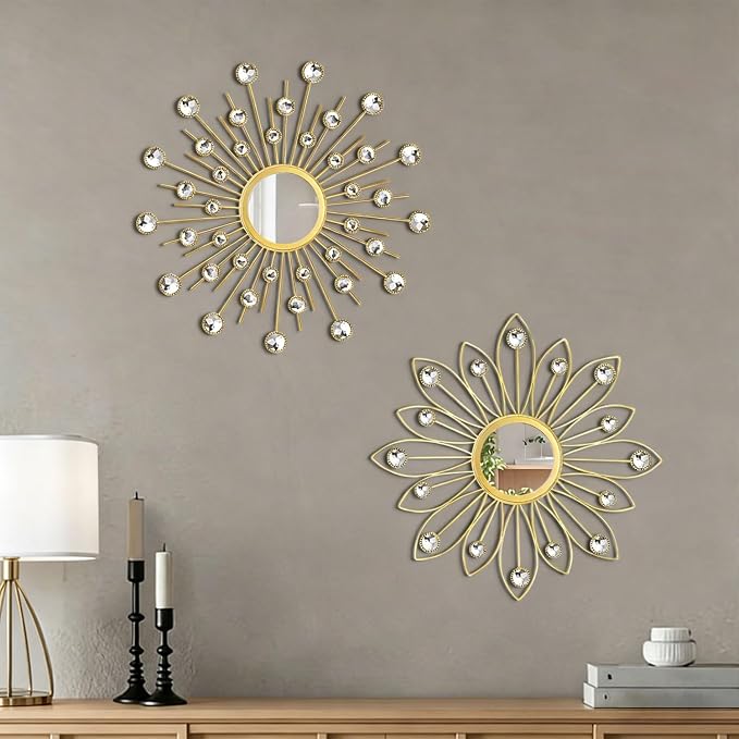 2 Pack Metal Mirrors for Wall Boho Sunburst Wall Mirror Home Decor Modern Decorative Wall Art for Bedroom Living Room Entryway