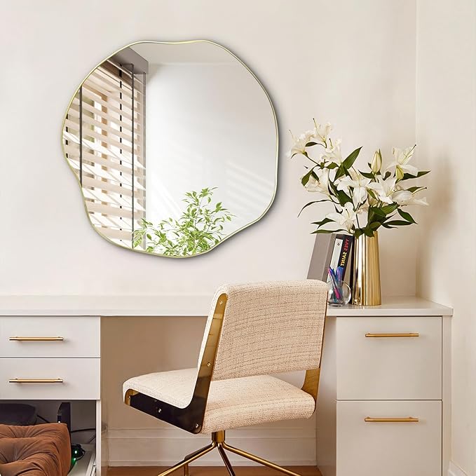 POZINO Gold Irregular Mirror, Large Asymmetrical Wall Mirror, 30" Scalloped Rounded Mirrors, Modern Frameless Abstract Mirrors for Living Room Bedroom Bathroom Entryway Hallway Fireplace