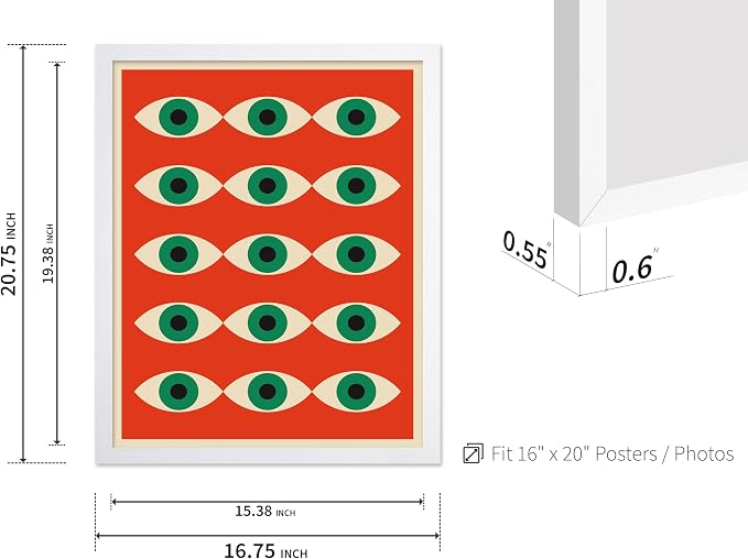 Poster Master Bauhaus Poster - Red Evil Eye Print - Graphic Design Art - Eye Art - Geometric Art - Chic Boho Art - Mid Century Modern Art - Living Room or Bedroom Wall Decor - 16x20 White Framed