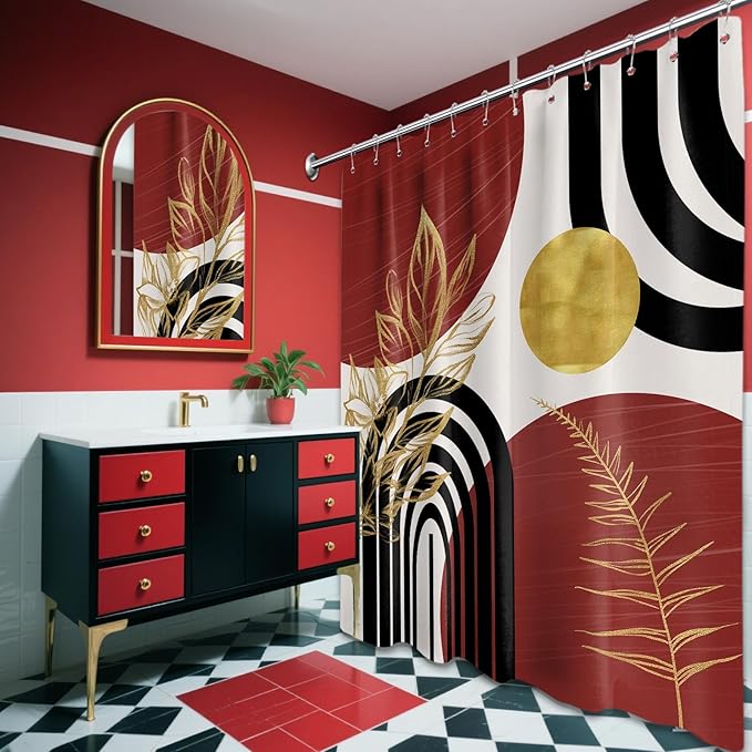 Black and Red Shower Curtain Boho Mid Century Burgundy Dark Red and Gold and White Shower Curtains for Bathroom Decor, Waterproof Cloth Fabric with Hooks, 70" W x 84" L