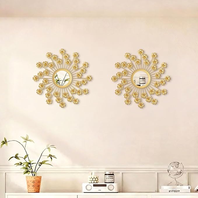 2 Pack Metal Mirrors for Wall Boho Sunburst Wall Mirror Home Decor Modern Decorative Wall Art for Bedroom Living Room Entryway