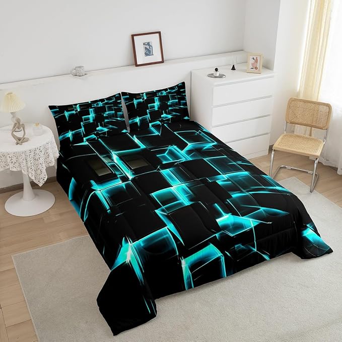Erosebridal Modern Kids Comforter Set, 3D Plaid Square Print King Size Bed Set for Teen Boys, Black and Teal Soft Microfiber Bedding Sets for All Seasons, 3 Piece