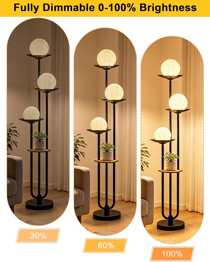 Lightdot Globe Floor Lamp with Shelf 3-Lights Modern Dimmable Floor Lamps for Wedding/Party, 3000K Warm White Bulbs Included, Black Tall Standing Lamp with Grey Shade for Living Room/Bedroom