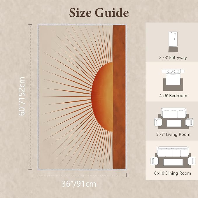 Sunburst Area Rug 3x5, Retro Sun Design Rug, Mid Century Modern Carpet for Living Room Bedroom, Soft Non Slip Washable Area Rug