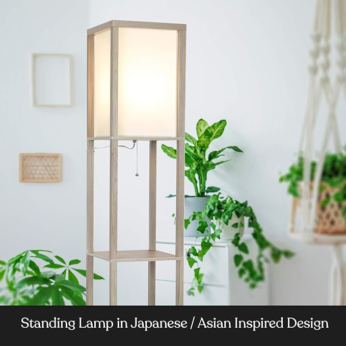 Brightech Maxwell - Modern Shelf Floor Lamp with Lamp Shade & Warm White LED Bulb, Corner Display Floor Lamp with Shelves for Living Room, Bedroom, Nightstand Office, Home Decor Storage - Rustic Wood