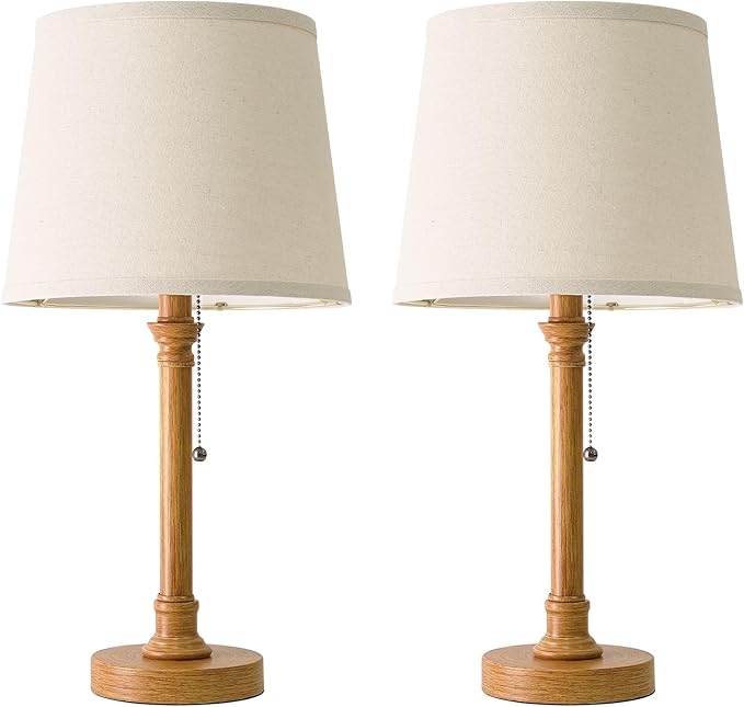 Oneach 19.5" Small Table Lamps Set of 2, Pull Chain Switch Bedside Table Lamps, Modern Nightstand Lamp with Linen Shade, Rustic Lamp for Living Room, Bedroom, Home Office, Nursery
