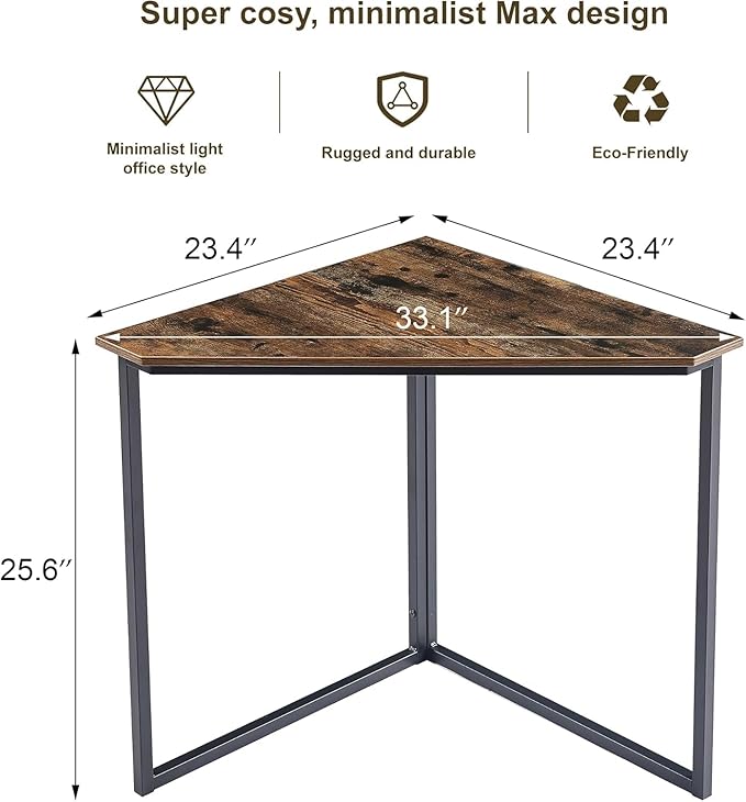 VECELO Ϲоrnеr Desk, Corner Tables for Living Room for Small Space Triangle Computer Desk with Steel Frame Ϲоrnеr Shelves with Metal Frame Ϲоrnеr Writing Desk for Workstation Retro Brown 33.1"
