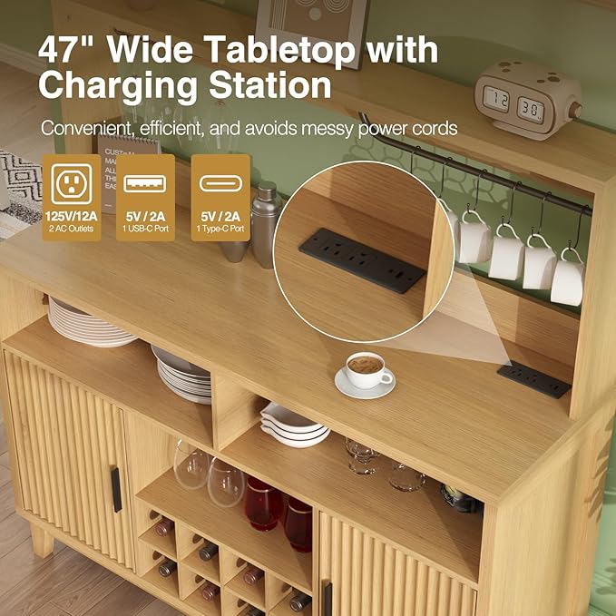 Fluted Buffet Cabinet with Storage, Modern Coffee Bar Cabinet with Outlet, Removable Wine Rack, Multi-Functional Accent Liquor Cabinet for Living Room, Entryway, Kitchen, Natural