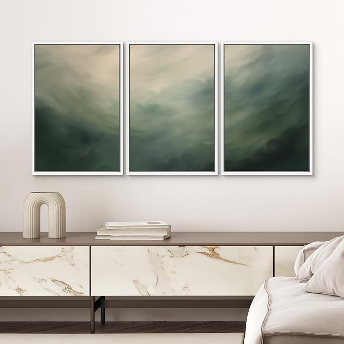 SIGNWIN Framed Canvas Print Wall Art Set Green Abstract Cloudy Landscape Illustrations Modern Art Decorative Boho Relax/Zen Nordic for Living Room, Bedroom, Office - 16"x24"x3 White