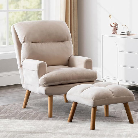 Accent Chair with Ottoman Comfy Reading Chair Armchair with Adjustable Backrest and Side Pockets Soft Fabric Leisure Sofa for Bedroom, Living Room, Dorm Rooms, Garden, Beige
