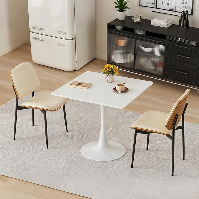 Square Dining Table, 31.5" Tulip Table with Thickened Tabletop & Metal Pedestal, Mid Century Modern Bistro Table for Kitchen, Small Places, Living Room, Cafe (White)