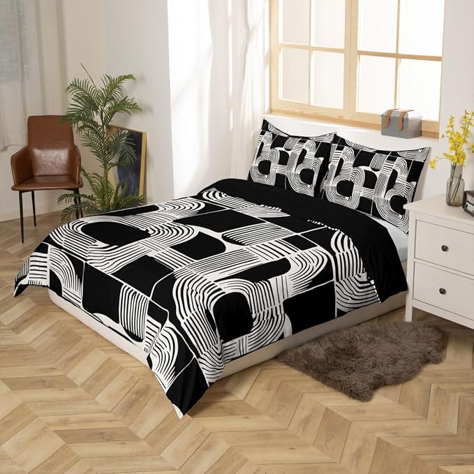 Erosebridal Black White Boys Duvet Cover King Size Bohemian Geometric Bedding Set 3 Piece Mid Century Abstract Comforter Cover Boho Stripes Minimalist Bed Sets for Kids Teens Adult Men Bedroom Decor