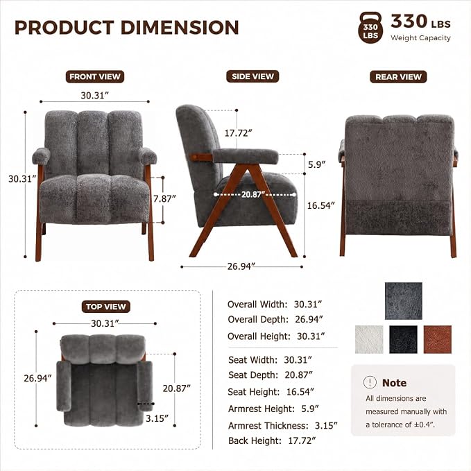 Mid Century Modern Accent Chair with Solid Oak Wood Frame, Upholstered Chenille Lounge Chair with Ergonomic Backrest and Thick Cushion for Living Room Bedroom Balcony, Grey