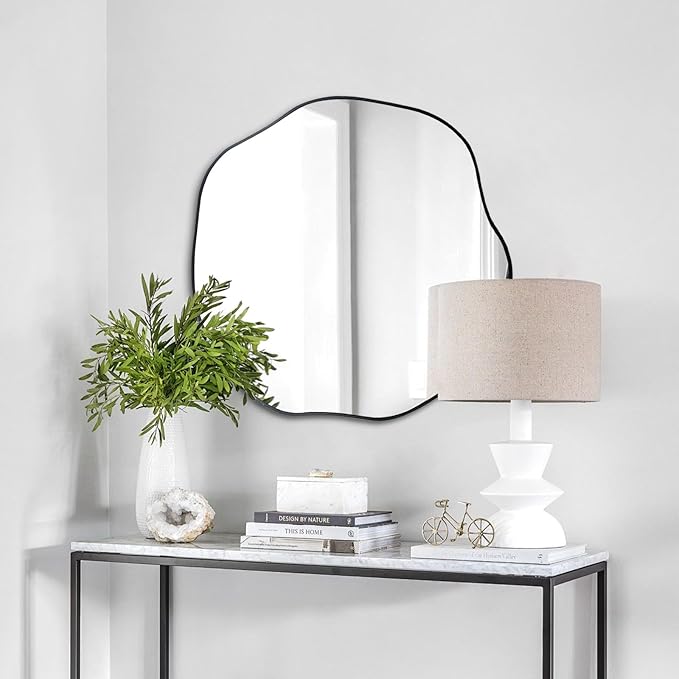 POZINO Irregular Round Mirror, 25" Asymmetrical Circle Mirrors, Scalloped Mirror Over Sink, Modern Frameless Abstract Mirrors for Living Room Bedroom Bathroom Entryway Hallway Fireplace