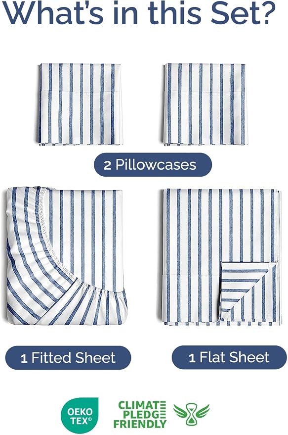 Extra Deep Twin Sheet Set - 4 Piece Breathable and Cooling Sheets - Hotel Luxury Bedding for Women, Men, Kids & Teens - Easy & Secure Fit - Soft and Wrinkle Free - Extra Deep Pockets - Blue Stripes