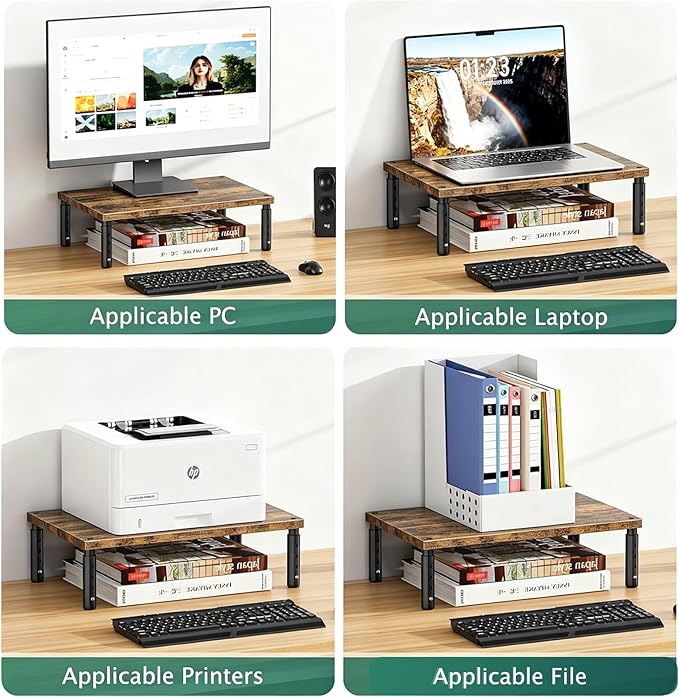 OPNICE Adjustable Monitor Stand Riser for Desk, Computer & Laptop Stand, Desk Organizers and Accessories, Office Desk Accessories & Workspace Organizer for Home Office, Brown Wood