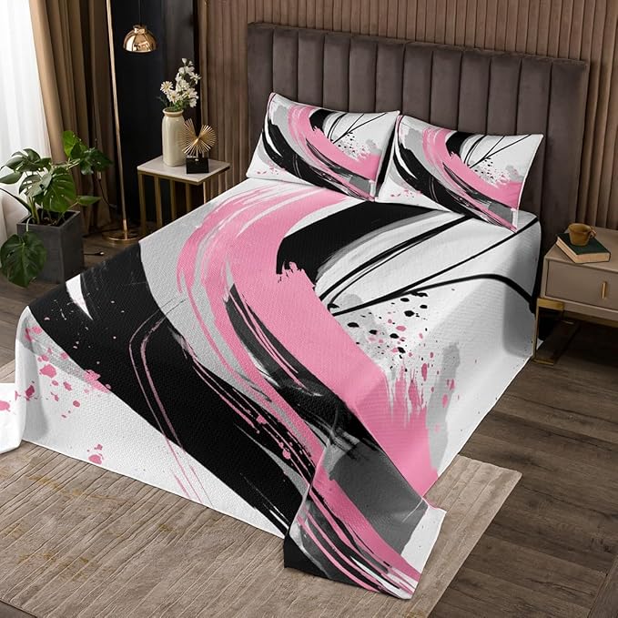 Erosebridal Black and Pink Quilt Set Twin - Geometric Decorative Abstract Coverlet Set Striped Bed Sets for Girls Boys Adults Watercolor Minimalists Graffiti Aesthetic Lines Quilts