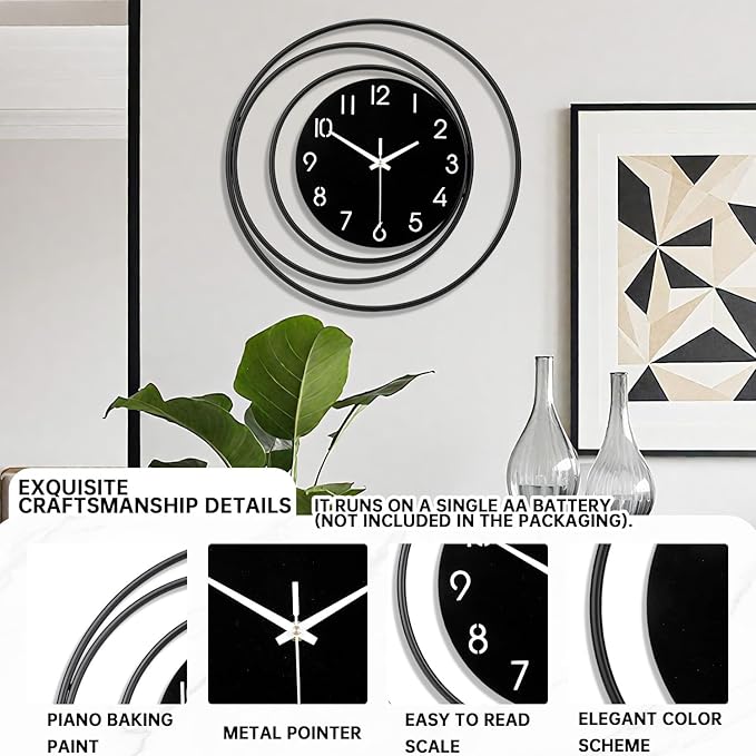 16inch Decorative Wall Clock, Silent Non-Ticking Quality Quartz Battery Operated, Large Wall Clock for Living Room Kitchen Home Bathroom Bedroom Wall Decor, Black