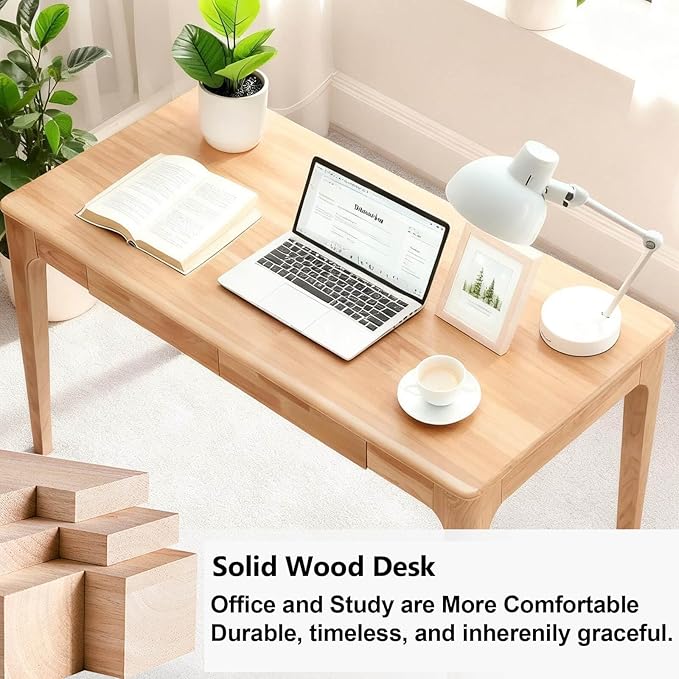 Solid Wood Desk,40" Oak Wooden Desk with Drawers,Mid Century Modern Small Computer Desk with Drawers for Small Spaces Home Office Solid Wood Writing Desk (Wood Color-1, 40")
