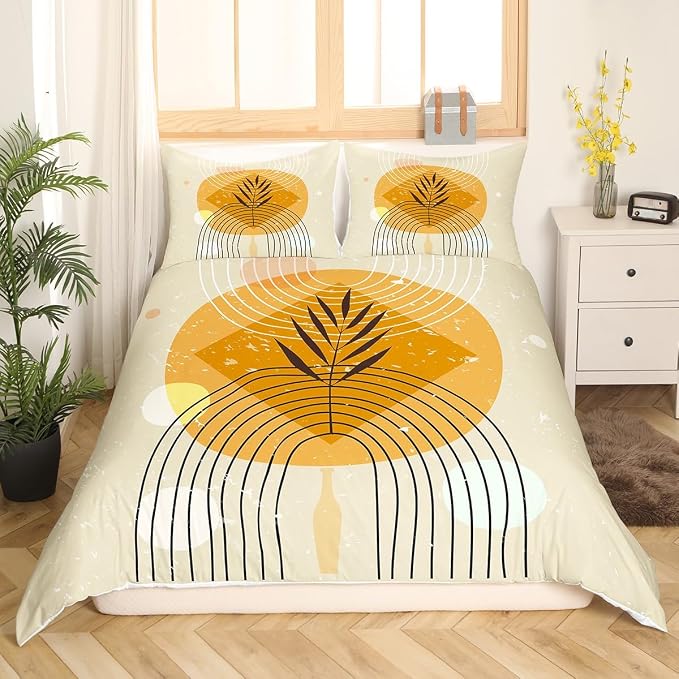 Erosebridal Geometric Stripe Comforter Cover Retro Aesthetic Bed Set, Beige Minimalism Duvet Cover Full Size Modern Artwork Bedding Sets, Mid Century Bedspread Cover with 2 Pillowcase Super Cozy