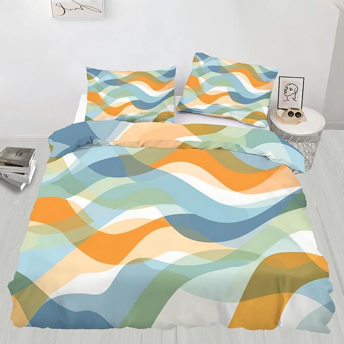 Retro Gradient Stripes Duvet Cover King Size, Modern Bedding Set 3 Piece Bedroom Decor Abstract Marine Waves Comforter Cover and 2 Pillow Sham with Zipper Closure