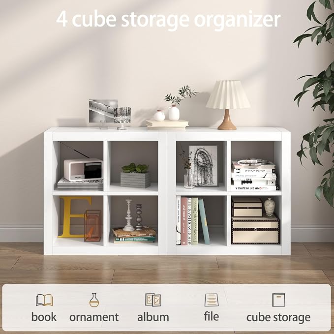furtble 4-Cube Storage Organizer Bookshelf, 2-Pack Modern Wood Open Bookcase, Multifunctional Display Shelf for Living Room, Bedroom, Home Office, White