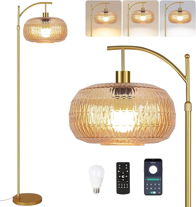 Glass Floor Lamp for Living Room,Bedroom,Gold Mid Century Modern Standing Lamp with Remote,Dimmable Brass Tall Lamp Amber Lamp Vintage Retro Arc Floor Lamps Floor Light Boho Bohemian