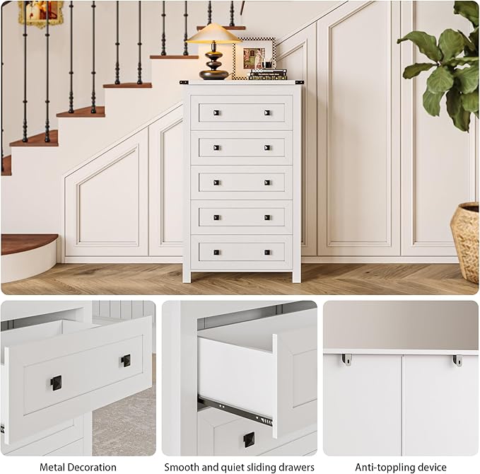 White Dresser Tall 5 Drawer Dresser for Bedroom, Wood Chest of Drawers with Metal Handles, Modern Storage Cabinet and Organizer Drawers for Living Room, Hallway