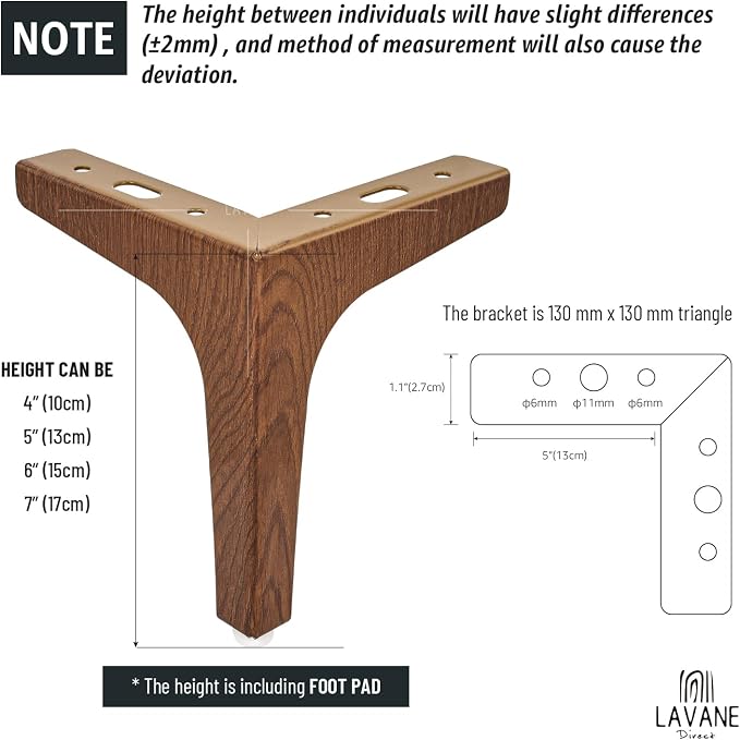 La Vane 7 Inch Metal Furniture Legs, Set of 4 - Modern Diamond Triangle Walnut DIY Replacement Feet Corner Legs for Cabinet, Sofa, Sideboard, Couch, Dresser Makeover