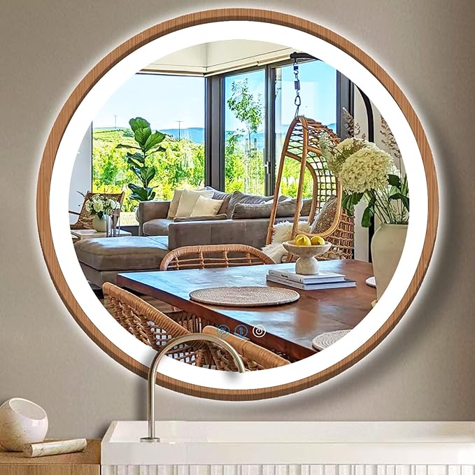 Wood Frame Round LED Bathroom Mirror With Lights 20 Inch, Lighted Vanity Wall Mirror, 3 Color Dimmable Anti-Fog Smart Circle Mirror