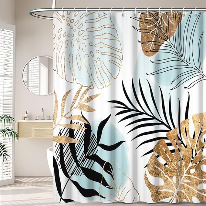 Modern Boho Shower Curtain Turquoise Gold Palm Leaves Abstract Aesthetic Bathroom Decor Watercolor Botanical Theme Bohemian Bath Curtains Washable Waterproof Polyester Fabric with Hooks 72x78 Inch