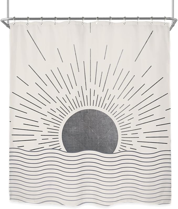 Miyotaa Gray Sun Minimalist Shower Curtain Set 60Wx71H Inches Mid Century Sunrise Sunset Vintage Aesthetic Retro Polyester Waterproof Cloth Bathroom Curtain with 12 Hooks