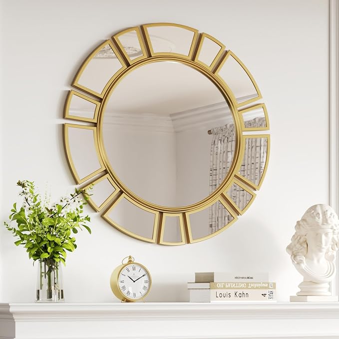 CozyDH Gold Sunburst Mirror Decor - 24 inch Round Wall Mirror Decorative with Metal Frame Modern Bohemian Sun Art Decor Mirror for Entryway Bedroom Living Room Hallway Bathroom Dining Room Fireplace