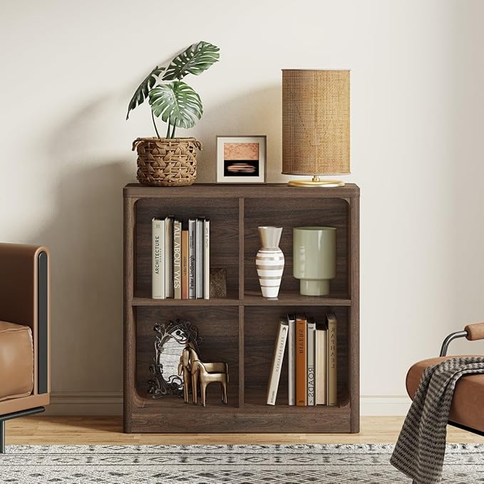 FATORRI 4 Cube Storage Organizer Bookshelf, Small Cube Bookcase, Wood Cubby Shelf for Living Room, Home Office, Bedroom (Dark Walnut, 29.53 Inch)