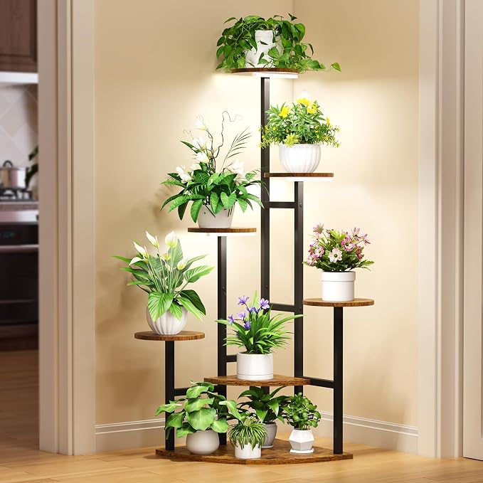 Corner Plant Stand with Grow Lights, 7 Tiered Plant Shelf Indoor, 43" Corner Plant Stands for Indoor Plants, Metal Plant Flower Display Shelves, Plant Organizer Rack for Living Room, Balcony, Home Decor（Round)
