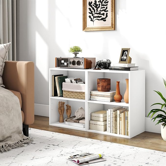 Giantex Bookshelf and Bookcase Set of 2, 2-Layer White Storage Shelf W/Large-Capacity Open Storage Space for Living Room Bedroom Study Office Multi-Functional Furniture Display Cabinet