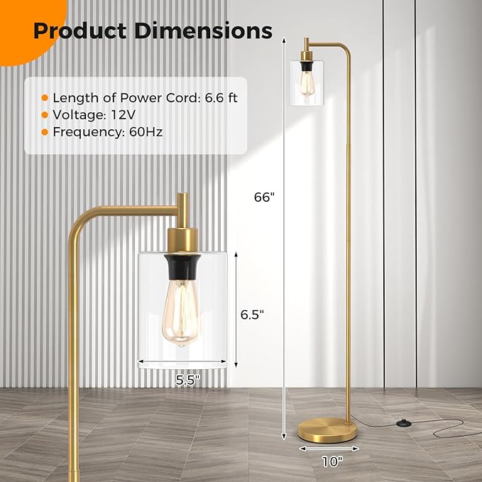 Tangkula Industrial Floor Lamp, Modern Standing Lamp with Hanging Glass Lampshade & Foot Switch, Tall Pole Light with E26 Standard Base for Living Room, Bedroom & Office (Gold, 1-Light)