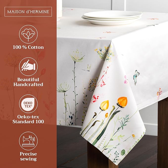 Maison d' Hermine Table Cloth Square Table 100% Cotton 60 x 60 Inches Tablecloth Reusable Decorative for Dining Room Farmhouse Home Valentines Day Decorations Spring Summer - Botanical Fresh