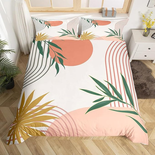 Erosebridal Geometric Leaves Comforter Cover King for Kids Teens Adults,Abstract Modern Art Duvet Cover,Mid Century Pink Green Bedding Set,Minimalist Aesthetic Bed Set 3 Pcs Bedroom Decor