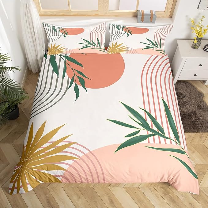 Erosebridal Geometric Leaves Duvet Cover Twin for Kids Boys Girls,Abstract Modern Art Comforter Cover,Mid Century Pink Green Bedding Set,Minimalist Aesthetic Bed Set 2 Pcs Bedroom Decor