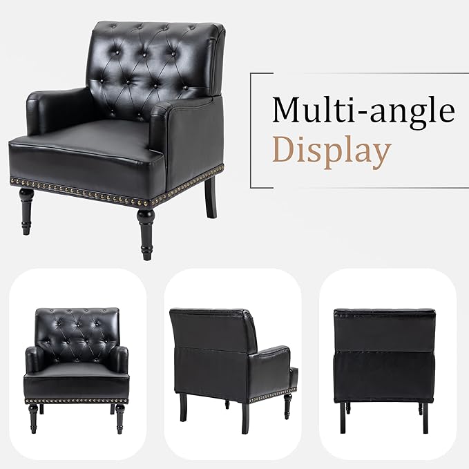 MOJAY Faux Leather Accent Chair Set of 2, Mid-Century Modern Living Room Chair Lounge Study Sofa Chair with Sturdy Wood Legs, Club Chair Armchair for Bedroom Home Study Reception (Black)
