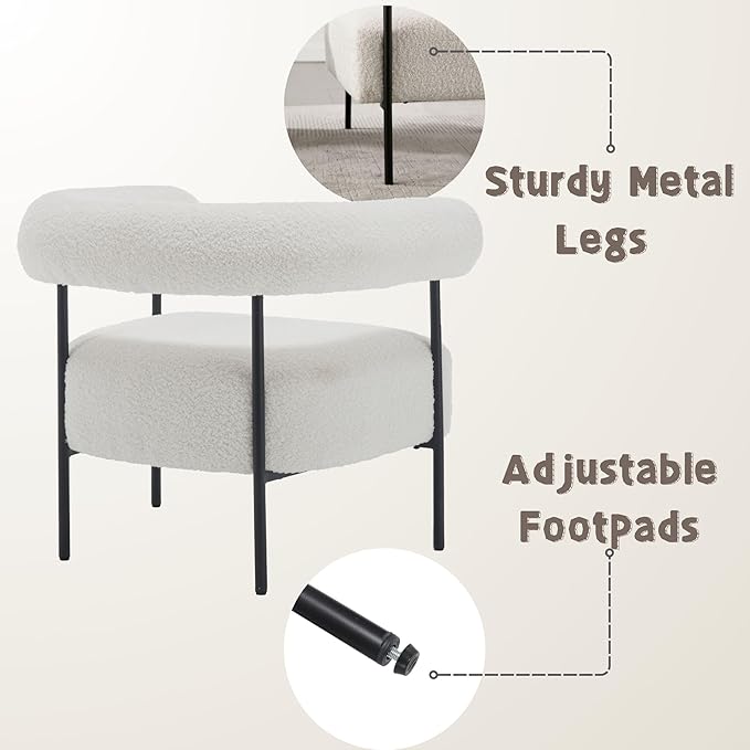 Modern Accent Chairs Set of 2, White Boucle Side Chairs with Curved Back, Sherpa Barrel Vanity ChairsArmchairs with Black Metal Legs & Upholstered for Living Room, Makeup Room