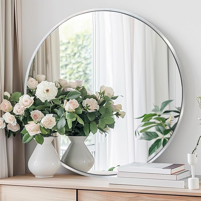 Silver Round Mirror, Circle Mirror 24 inch, Silver Round Bathroom Mirrors, Circle Wall Mirrors for Bathroom, Living Room, Hallway, Vanity, Over Sink, Mantel