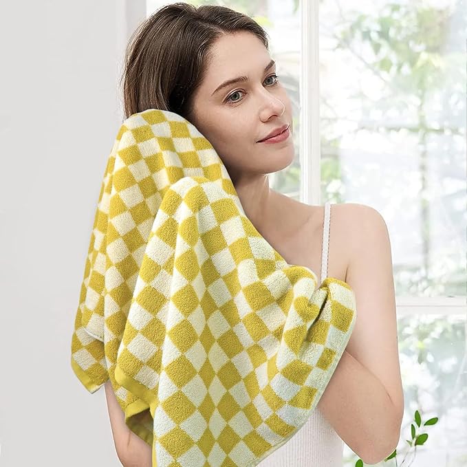 Jacquotha Luxury Bath Towels - Pack of 2 Cotton Fall Bathroom Towels Sets for Body Drying 55x27.5 Inches, Mustard Yellow Checkered