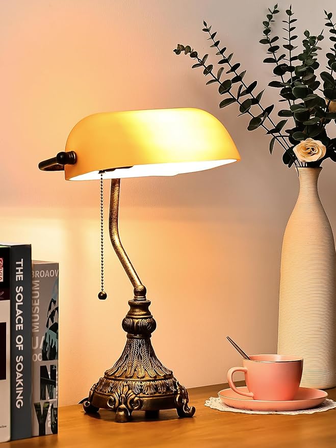 Vintage Amber Glass Bankers Desk Lamp for Home Office,Library with Pull Chain Switch Plug in Fixture, LED Bulb Included