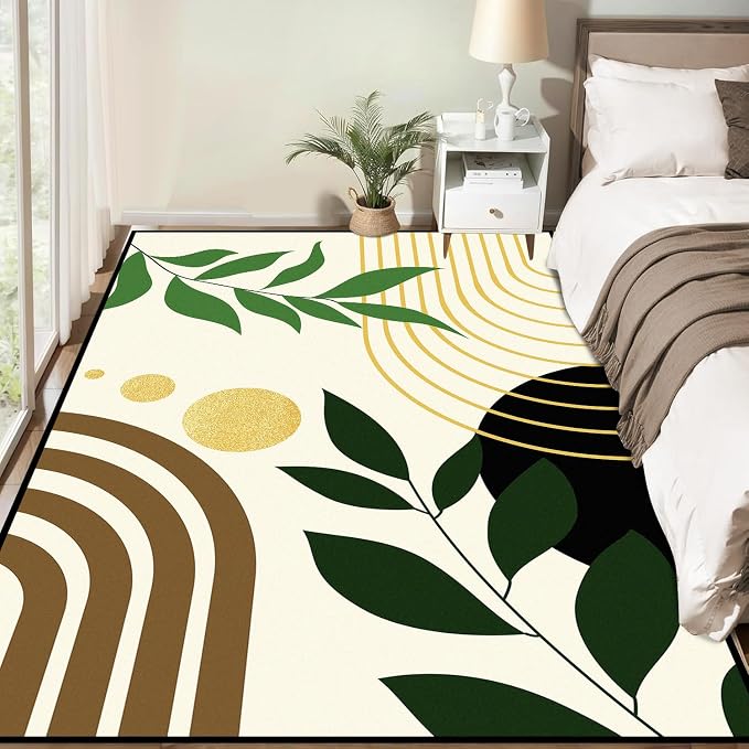 Modern Abstract Rug Geometric Area Rug Boho Green Leaf Floor Mat Soft Washable Carpet for Entryway Bedroom Living Room Kitchen Home Decor 3'x5'