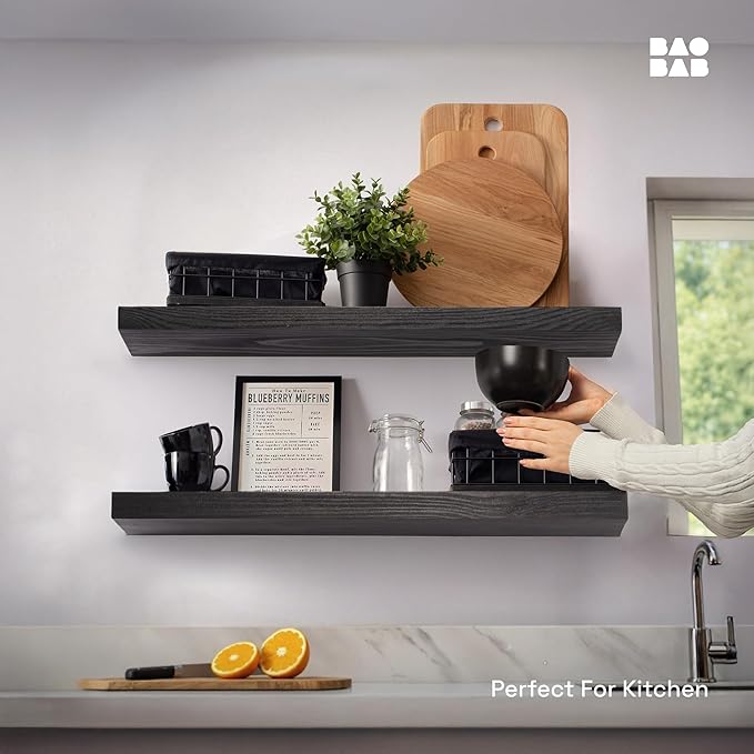 BAOBAB WORKSHOP Solid Wood Floating Shelves for Wall 30 Inches Long, Real Wooden Bathroom Shelf Large, Heavy Duty Wall Shelves Mounted Kitchen Bedroom, Black Shelf, 30W × 6.7D, Set of 2