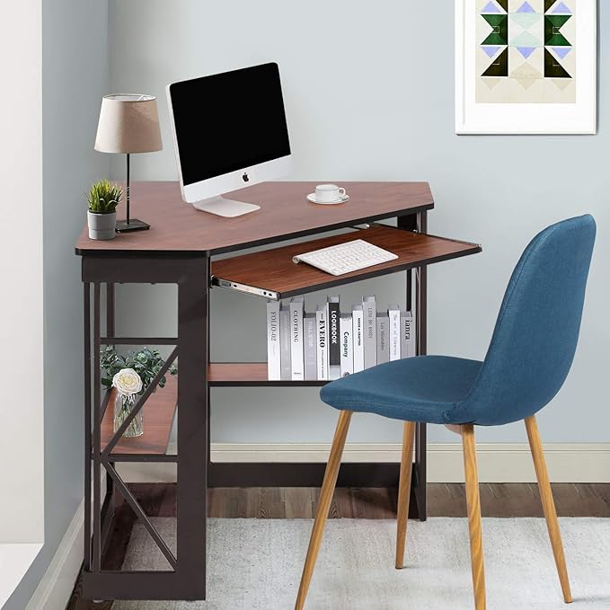 VECELO Corner Computer Desk 41 x 30 inches with Smooth Keyboard & Storage Shelves for Home Office Workstation, Teakwood Brown