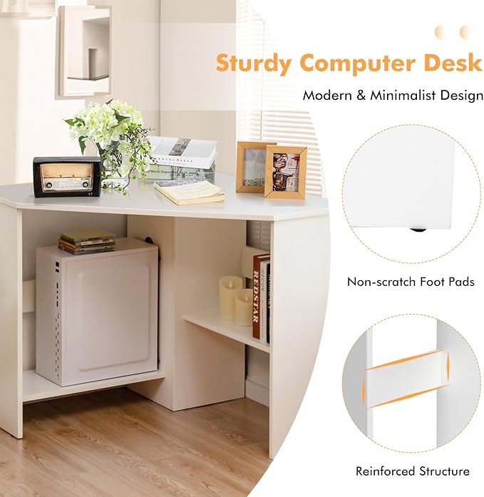 LDAILY Corner Desk, Space Saving 90 Degree Triangle Computer Desk with Storage Shelves & Cable Holes, Wood Compact Corner Writing Table for Small Spaces, Home Office, Bedroom & Living Room, White