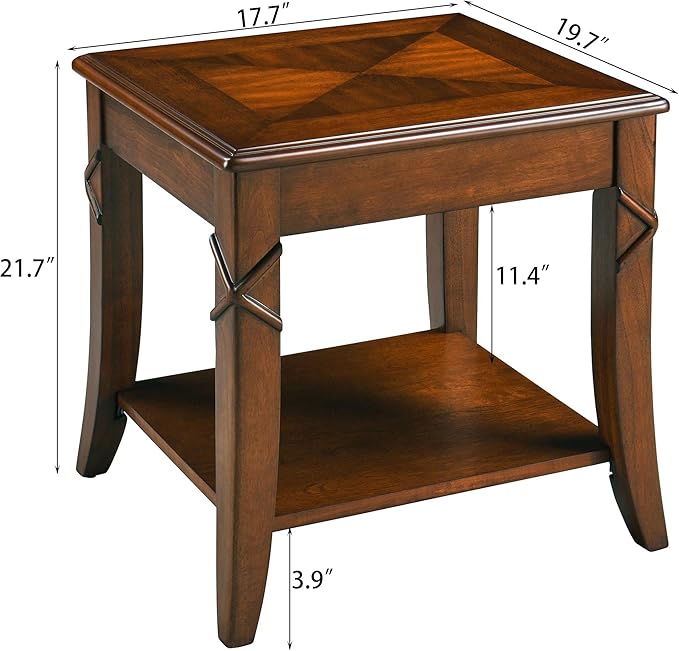 2-Set Solid Wood End Table with Storage Shelf, Cherry Walnut
